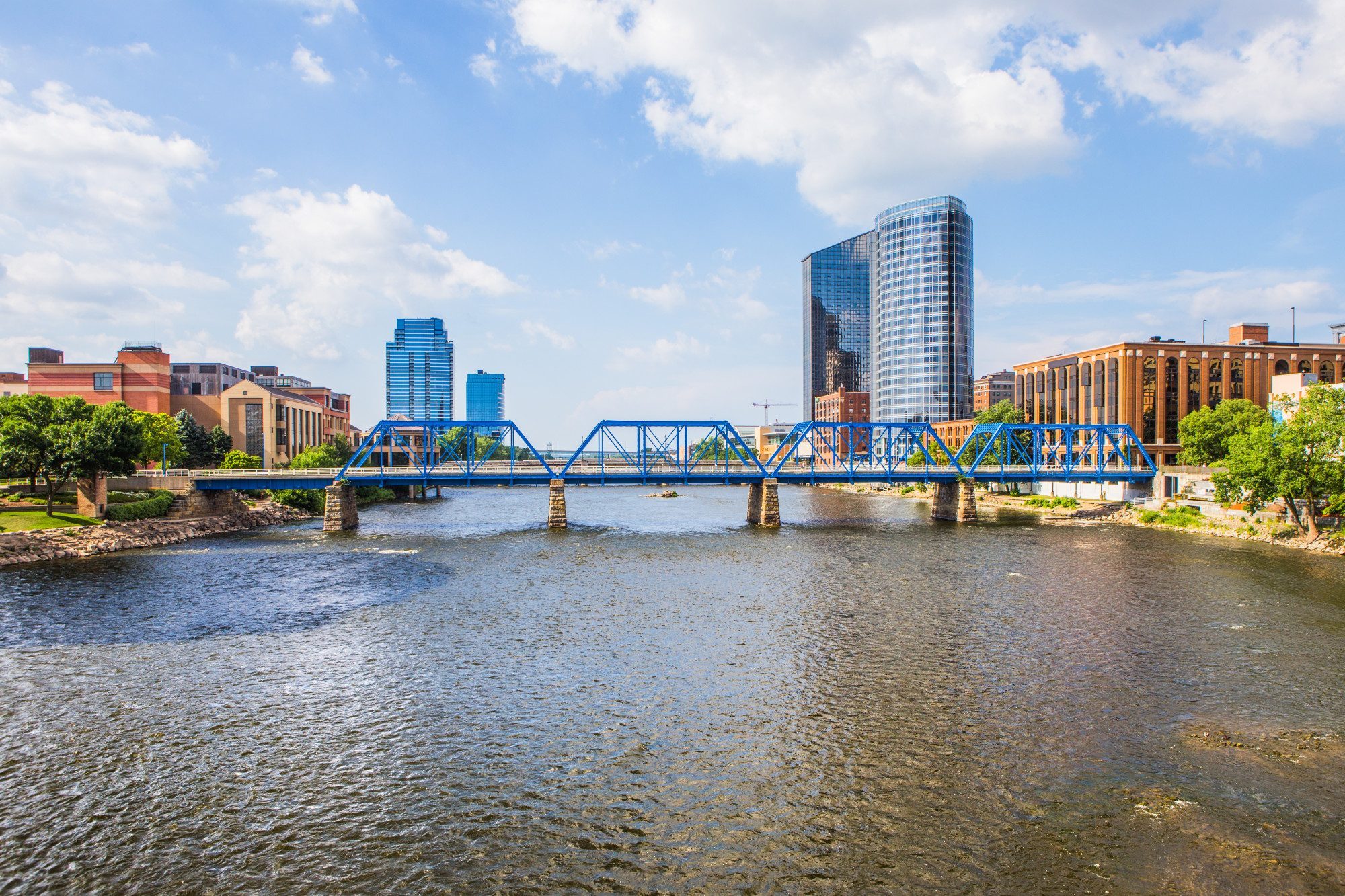 Downtown Grand Rapids Michigan view from the Grand River. 